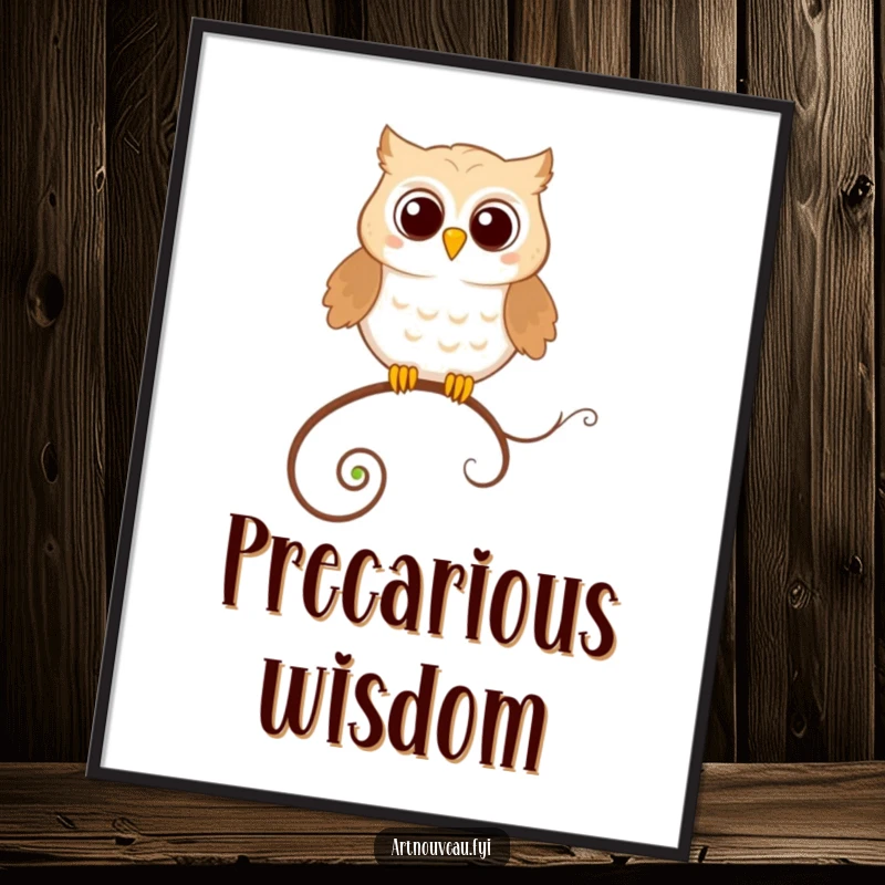 Funny Poster: A happy owl perched precariously on a looping, decorative tendril, a delightful and humorous piece of art.