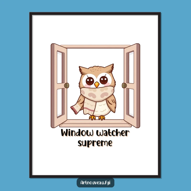 Funny Owl Window Peek Poster: Cute Scarf Art Print Gift