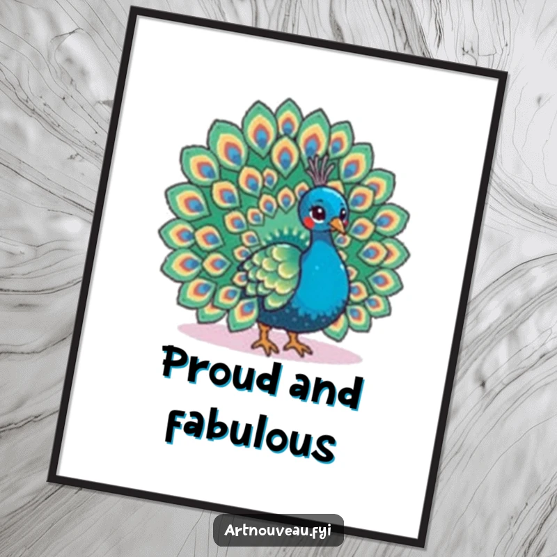 Funny poster print of a peacock fanning its tail with elaborate feather patterns, adding vibrant and majestic decor.
