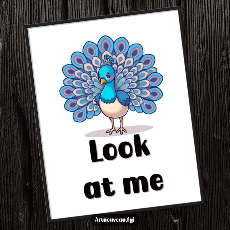 Funny Peacock Wings Poster featuring a majestic bird displaying its spread wings with intricate, swirling feather designs, a captivating piece of humorous art.