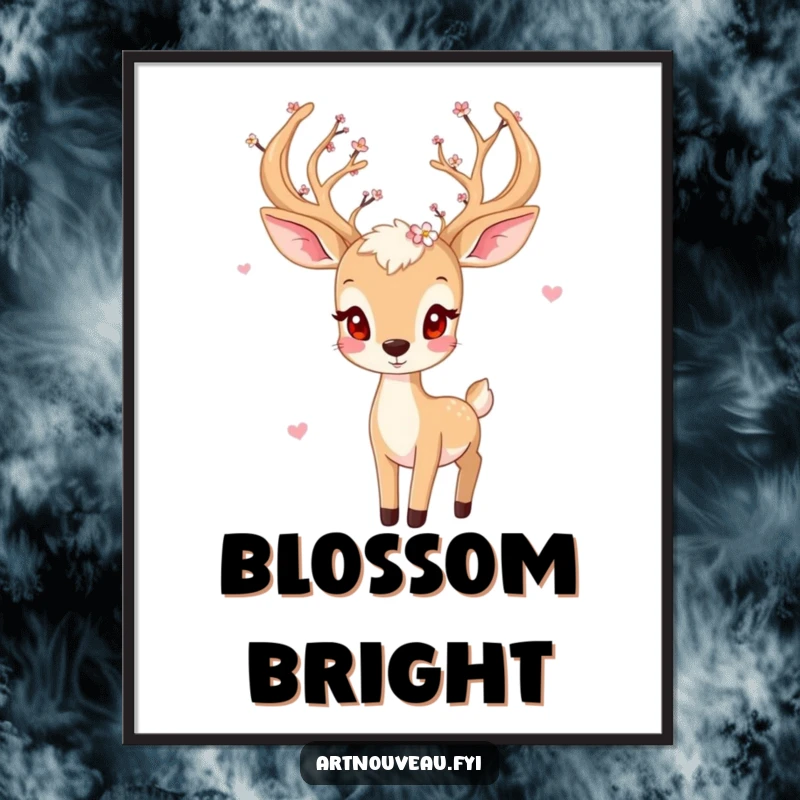 Funny deer poster, playful creature with blossom-adorned antlers, whimsical forest art, unique funny gift for decorators.