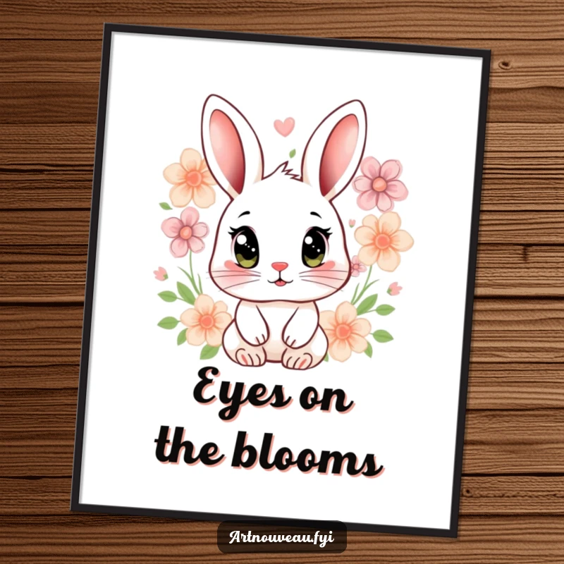 Funny rabbit poster print of a stylized rabbit with expressive eyes surrounded by floral motifs, adding artistic charm.