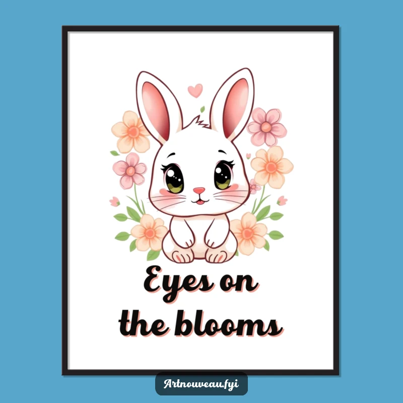 Funny Rabbit Floral Poster: Expressive Eyes Art Print Gift