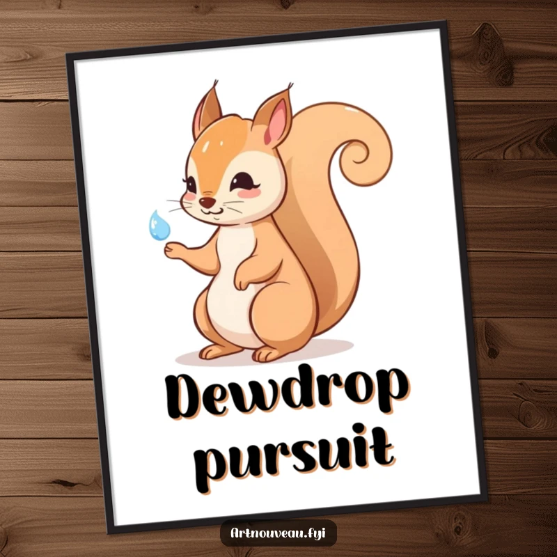 Funny squirrel poster print depicting an elegant swirling tail gesturing towards a shimmering dewdrop, a beautiful piece of whimsical woodland art.