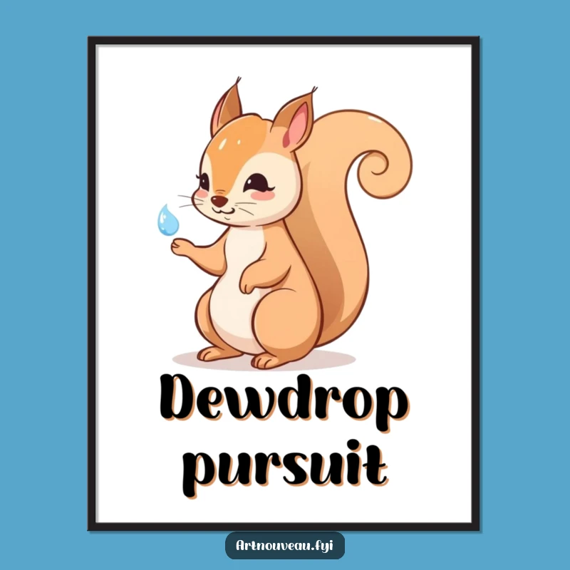 Funny Squirrel Art Print - Elegant Tail Dewdrop Poster, Whimsical Wall Decor Gift