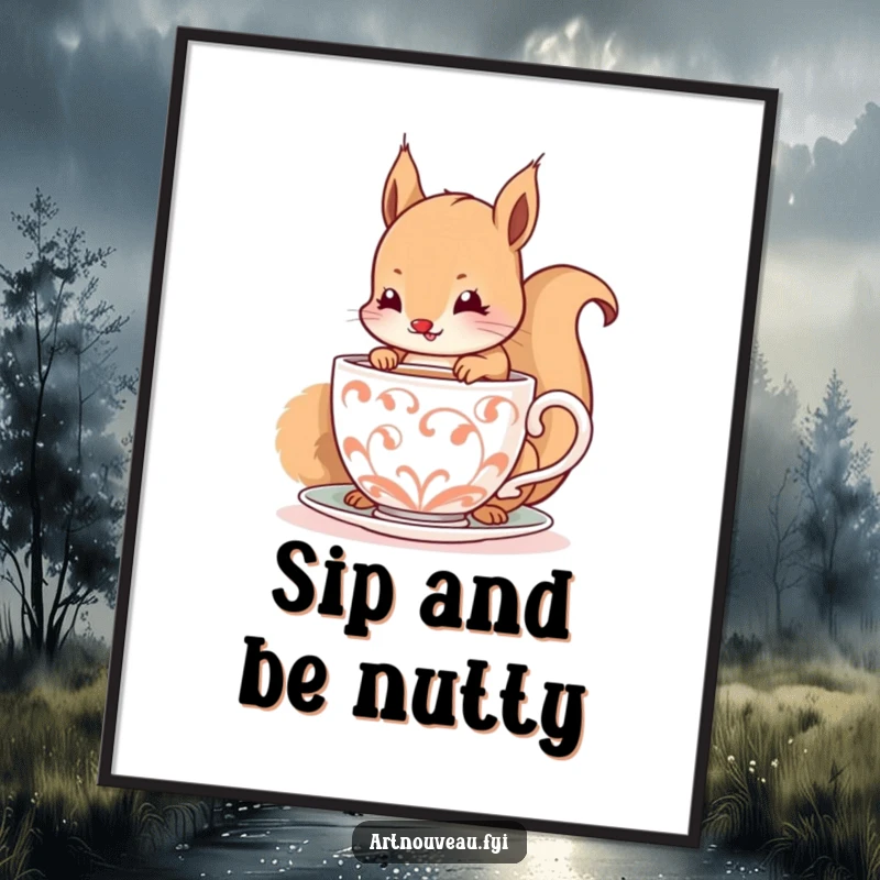 Funny poster print of a happy squirrel delicately sipping from a decorative, spiraling cup, ideal for cheerful wall decor.
