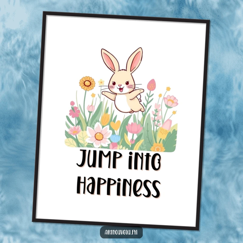 Funny poster print of a smiling hare leaping through a field of beautifully patterned plants, perfect for joyful wall decor.
