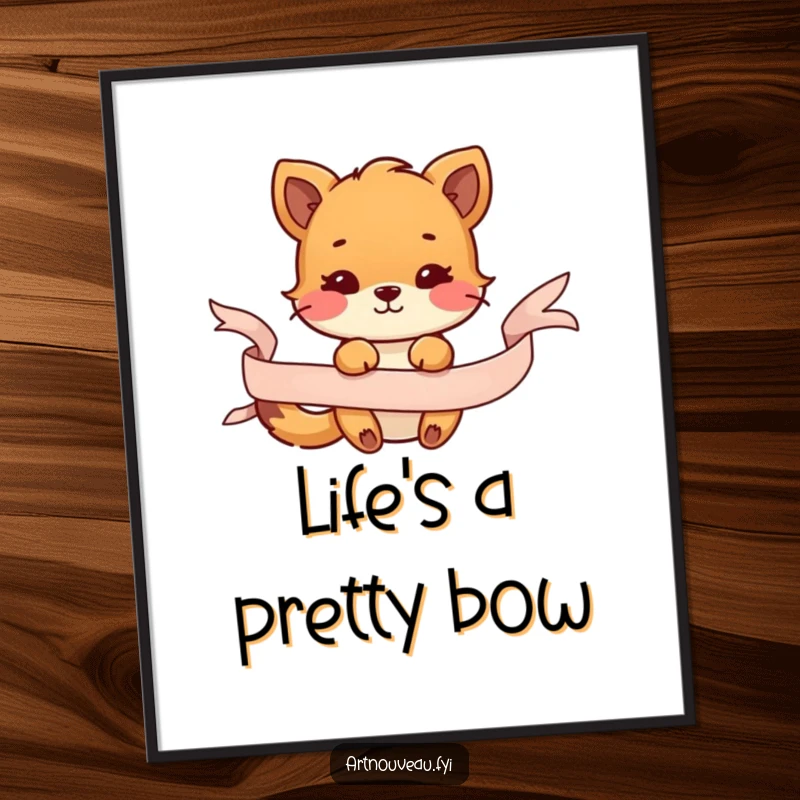 Funny poster illustrating an animal joyfully interacting with a decorative flowing ribbon, creating a sense of playful celebration.