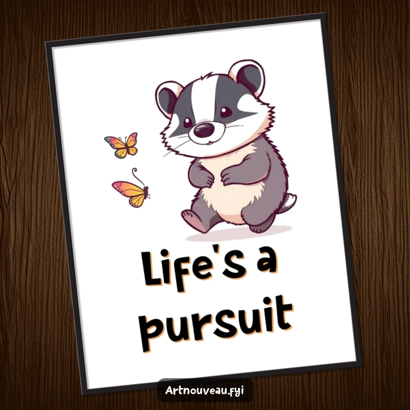 Funny poster print of a detailed linework badger playfully chasing a stylized butterfly, perfect for adding whimsical decor.