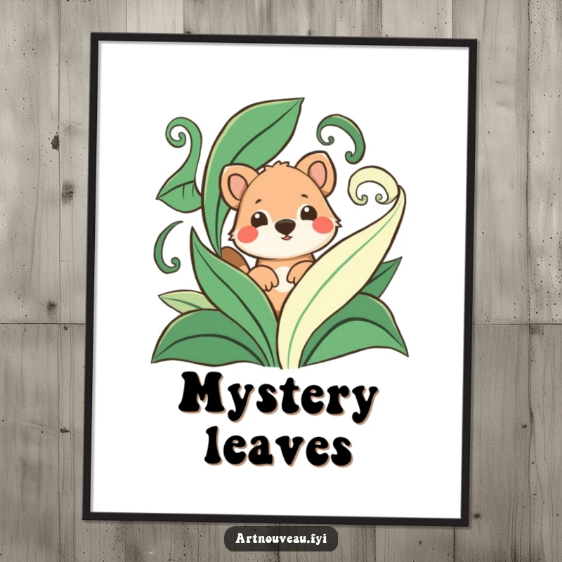 Funny poster illustrating a playful animal peeking from behind stylized, swirling leaves, creating a whimsical and engaging nature scene.