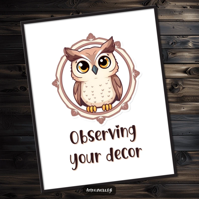 Funny Owl Poster featuring a curious owl with large, expressive eyes looking through a decorative circular frame, perfect for wall art.