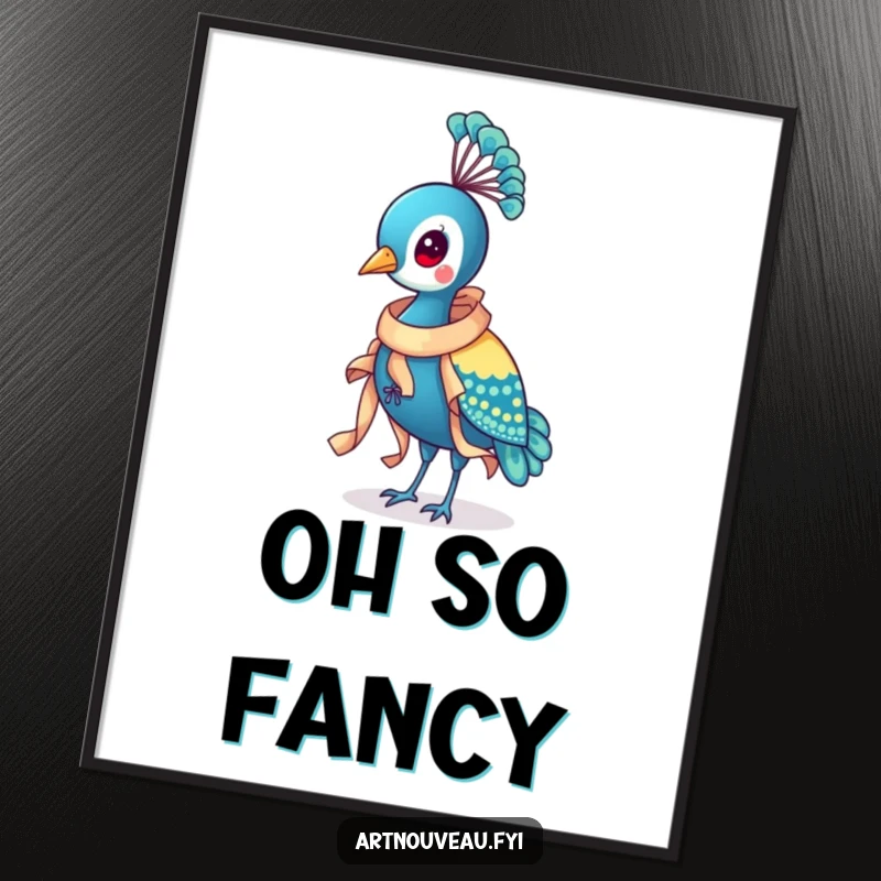 Funny Peacock Ribbon Poster of a distinguished bird wearing a flowing, ornate ribbon, adding humorous elegance and artistic flair to wall decor.