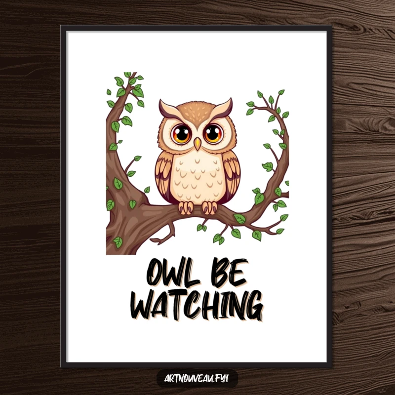 Funny Majestic Owl Poster: A majestic owl with large, expressive eyes sits on a detailed, vine-covered branch, adding wisdom to your wall.