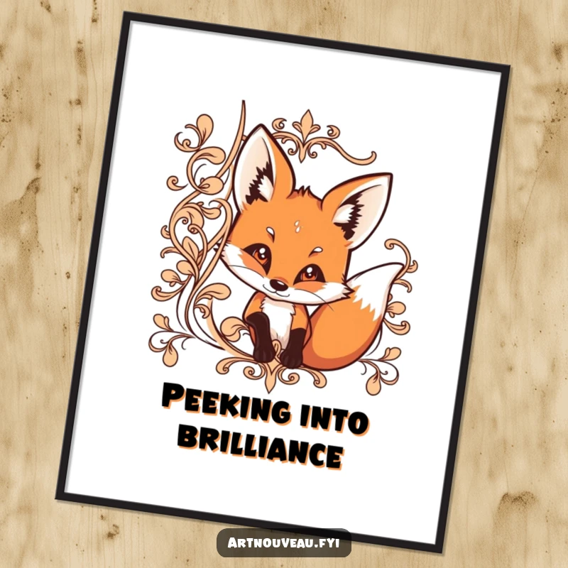 Funny poster art of a curious fox peeking from behind ornate, flowing lines, adding a mysterious touch.