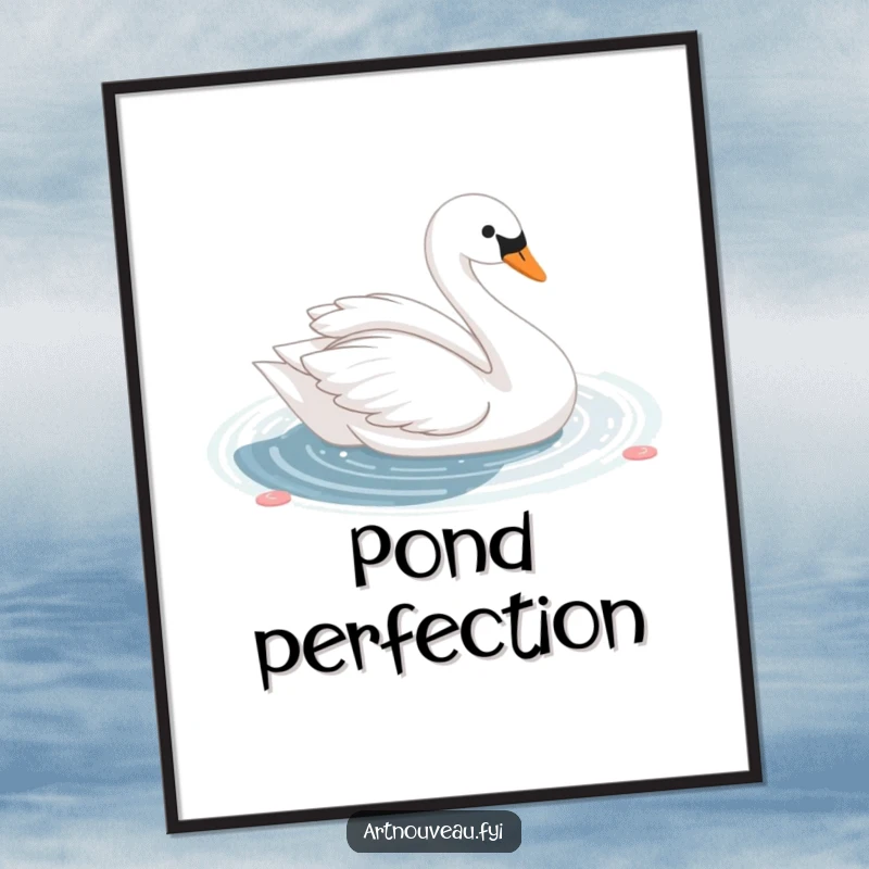 Funny cute swan with elegant curves gliding gracefully on a shimmering decorative pond, presented as captivating wall art poster.