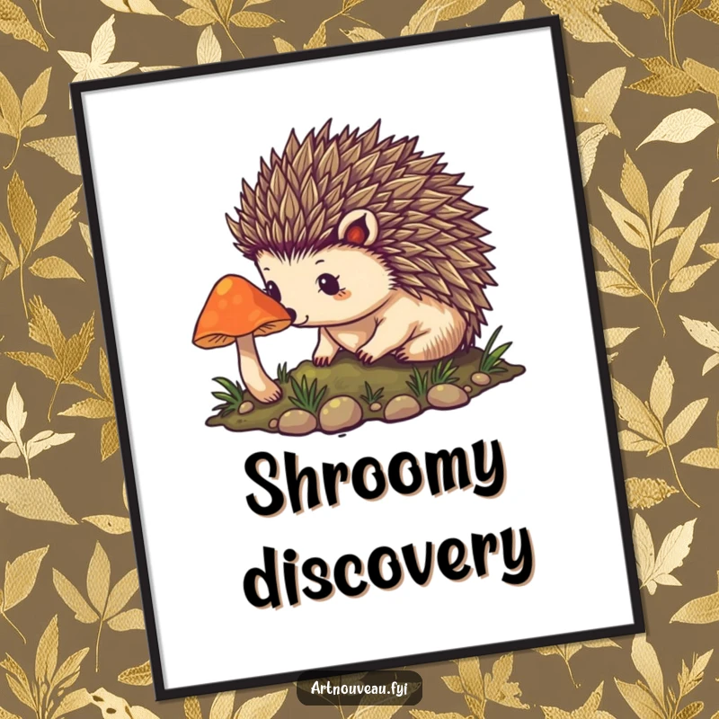 Funny hedgehog poster featuring detailed art nouveau spines and a mystical glowing mushroom, perfect for adding enchanted ambiance to any room.