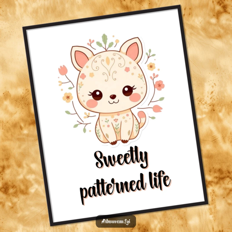 Funny poster displaying a sweet animal character smiling, adorned with delicate, nature-inspired patterns, creating a peaceful and joyful artistic statement.