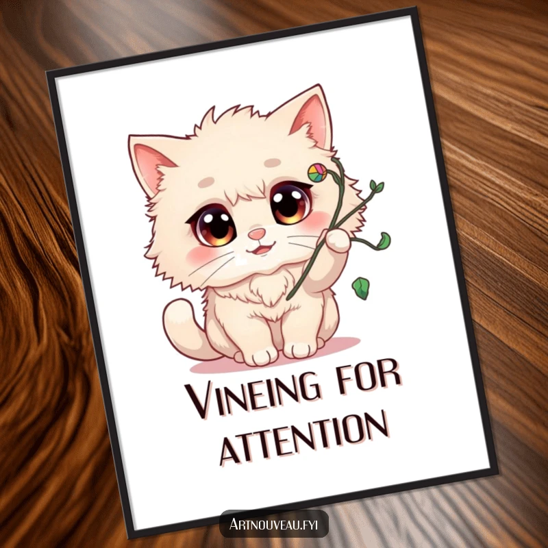 Funny Poster: Fluffy cat with cheerful eyes playfully batting at a swirling vine flourish, a delightful and humorous piece of art.