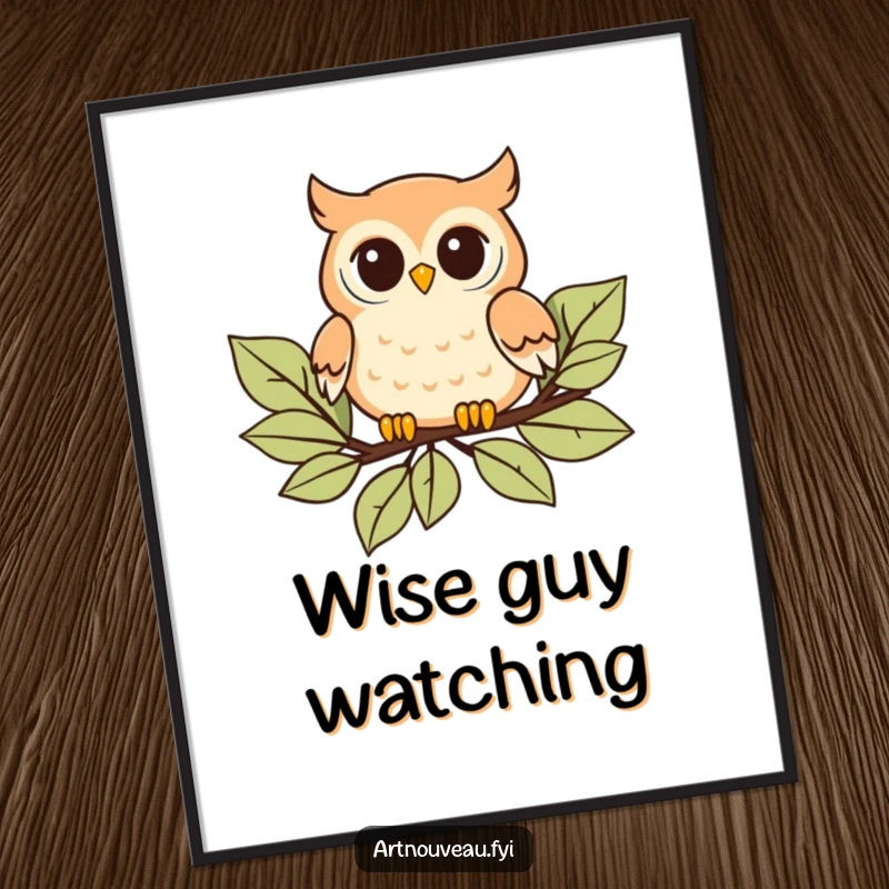 Funny Poster: Playful owl with curved details floating on stylized leaves in a beautiful art nouveau design, charming wall art.