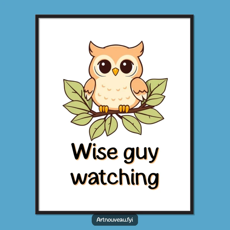 Funny Owl Poster: Playful Art Nouveau Print, Stylized Leaves, Perfect Gift