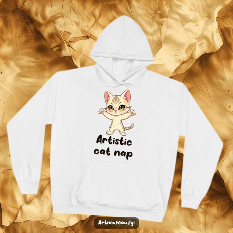Funny Feline Hoodie: A cozy hoodie featuring an Art Nouveau inspired cat in a dynamic pose, perfect for art and cat lovers.