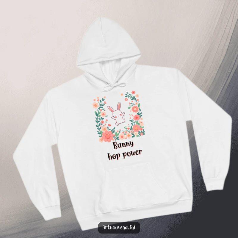 Funny Hoodie: A small bunny character leaping joyfully through a cascade of stylized floral patterns, radiating warmth and happiness.