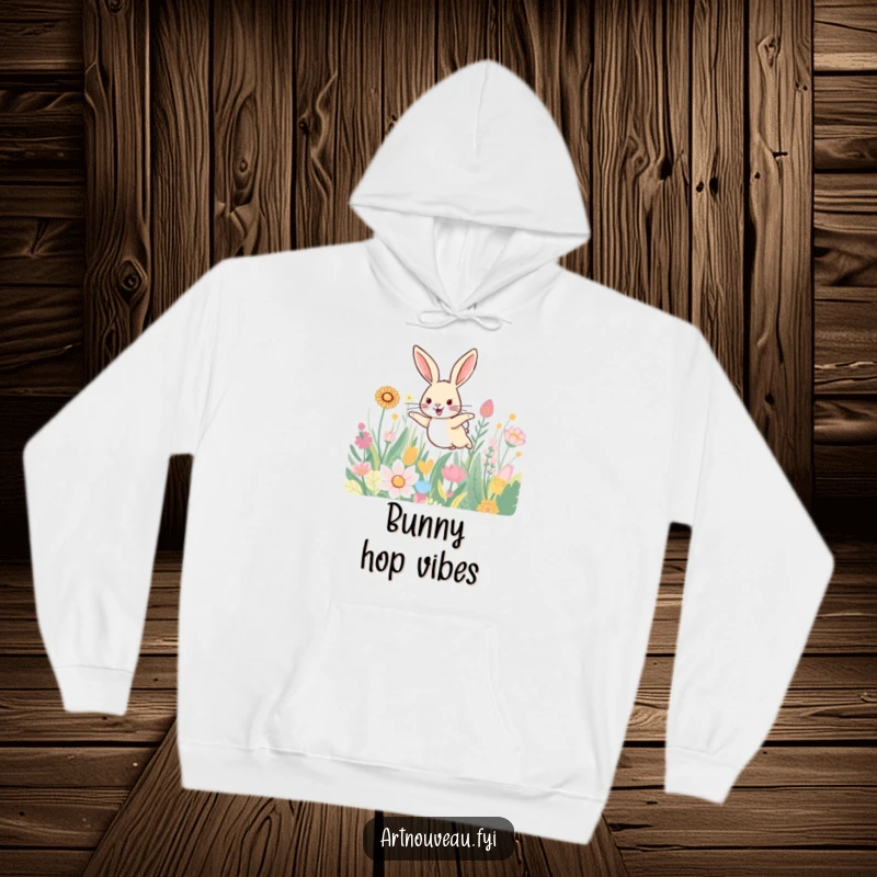 Funny hoodie with a smiling hare leaping through a field of beautifully patterned plants, perfect for cozy, nature-inspired wear.