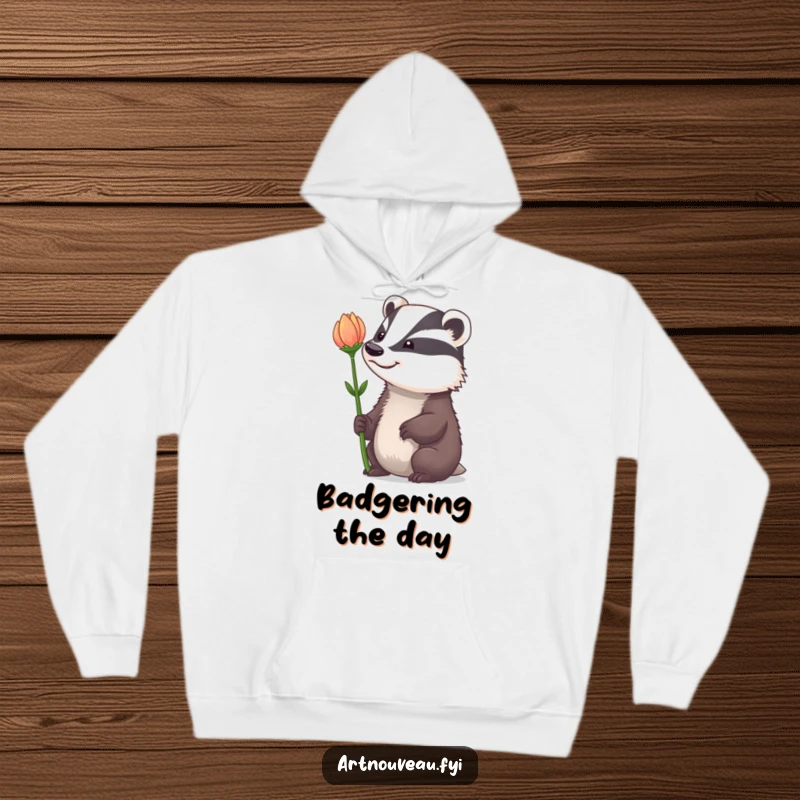 Funny Hoodie: A badger with a whimsical grin admiring a dramatically curved flower stem, radiating cozy charm and humor.