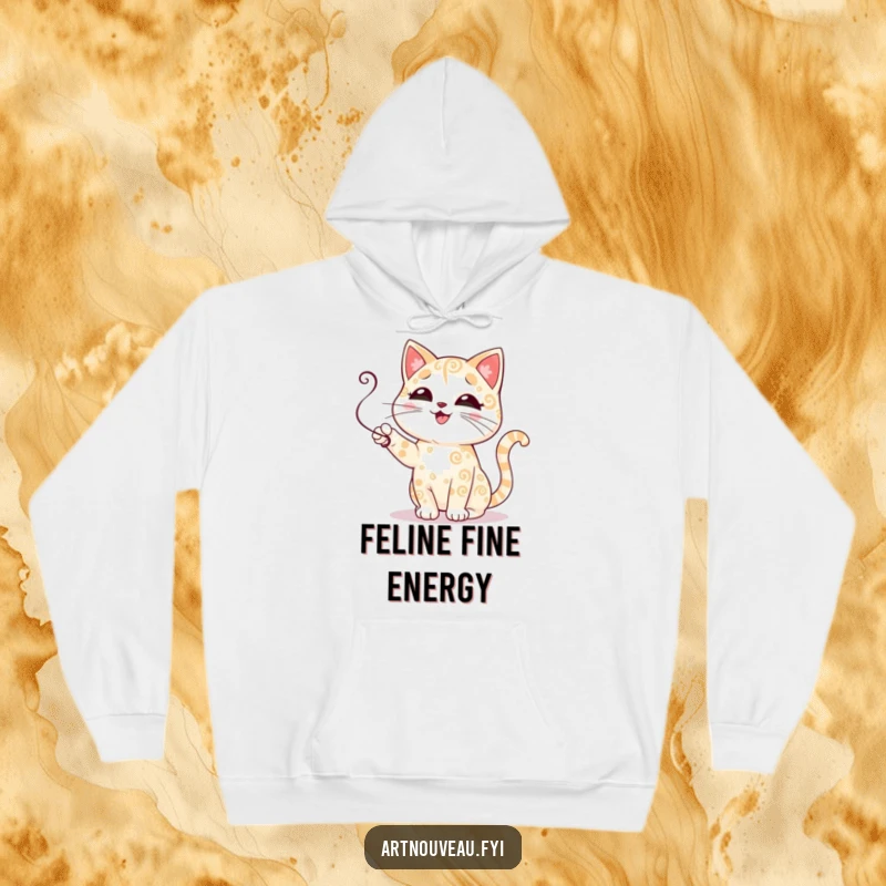 Funny cat hoodie depicting a charming cat with decorative fur patterns batting playfully at a tendril, radiating warmth and humor.