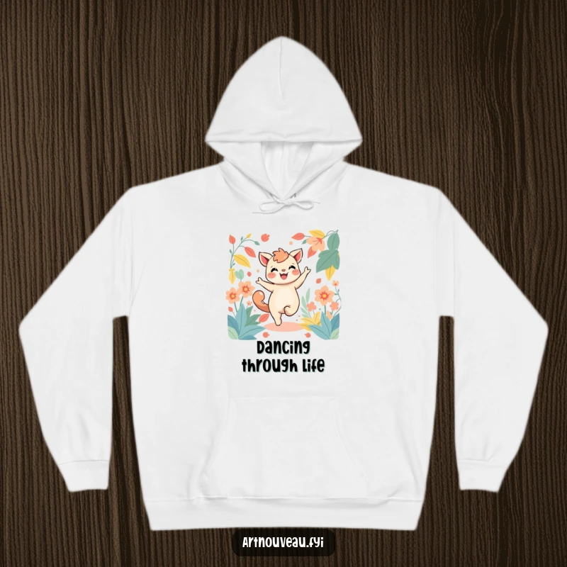 Funny hoodie featuring a joyful creature dancing amidst stylized, flowing foliage, offering warmth and a playful, artistic design.