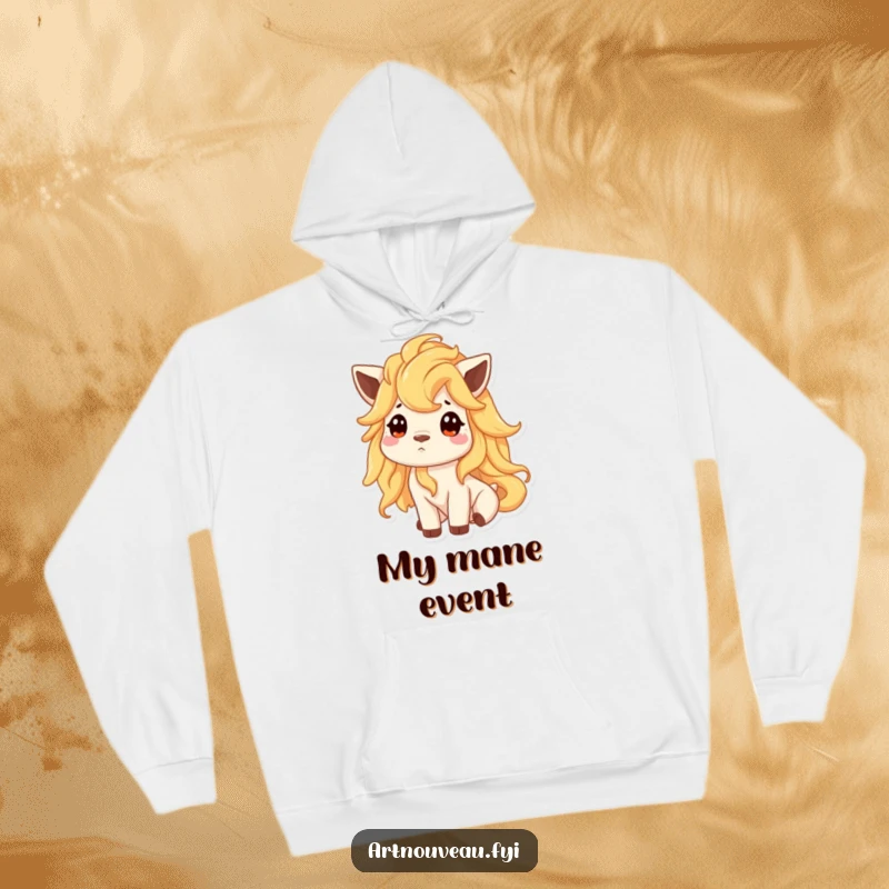 Funny, cozy hoodie featuring an animal with a flowing mane of liquid gold, exuding curiosity and magical allure.