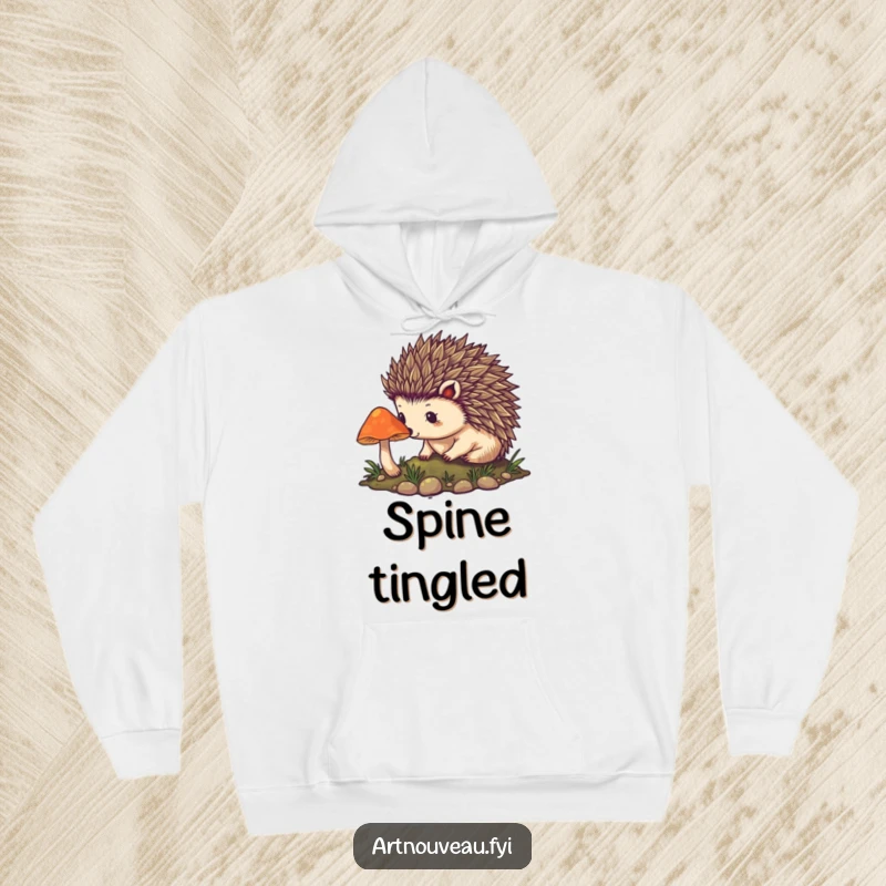 Funny hedgehog hoodie with detailed art nouveau spines, depicting a cautious approach to a glowing mushroom, perfect for cozy, mystical evenings.