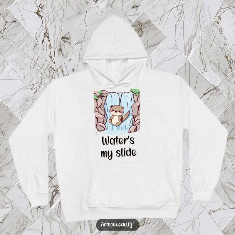 Funny otter with smooth lines playfully sliding down a stylized waterfall, featured on a soft and warm graphic hoodie.