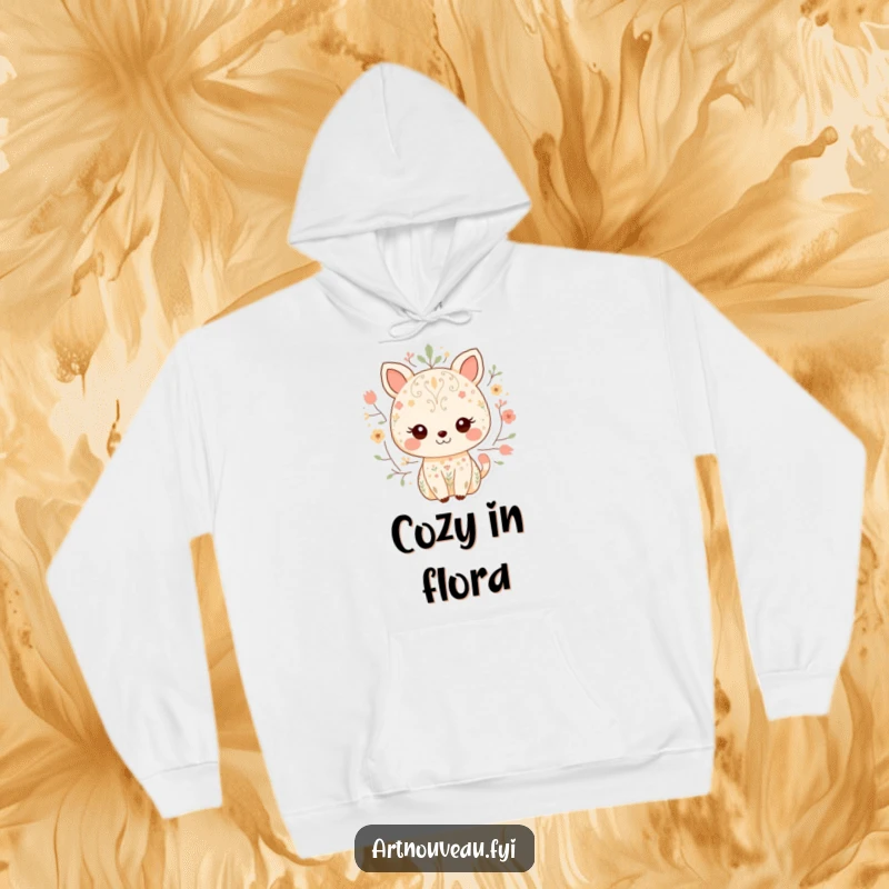 Funny hoodie showcasing a smiling sweet animal character adorned with intricate, nature-inspired patterns, offering comfort and whimsical style.
