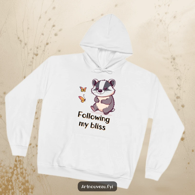 Funny hoodie displaying a detailed linework badger in a playful chase after a stylized butterfly, perfect for cozy, humorous wear.