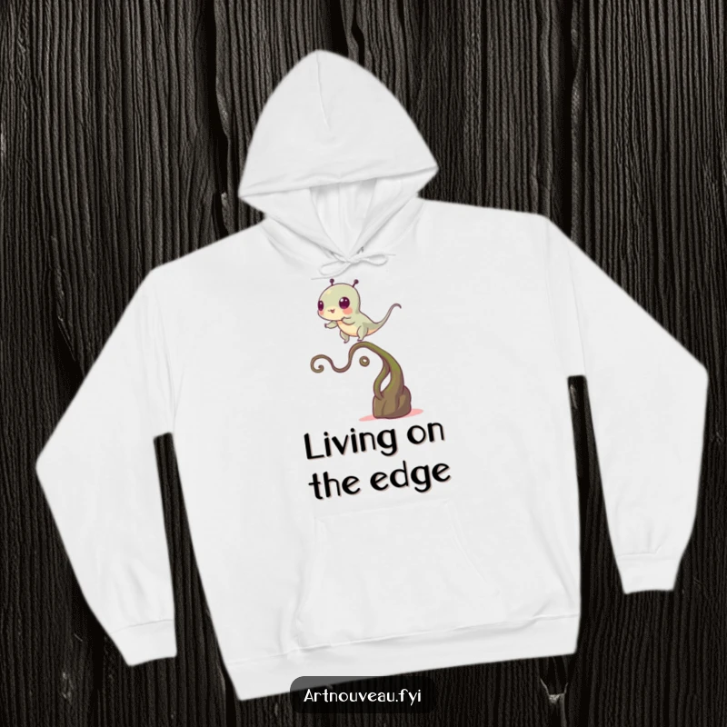 Funny hoodie featuring a creature balancing on a winding plant-like stem, offering warmth and a humorous take on life's precarious situations.
