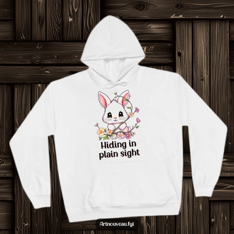 Funny bunny hoodie, a fluffy bunny with expressive eyes peeking playfully from a floral vine, cozy gift.