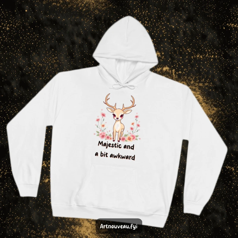 Funny Hoodie: Graceful deer with elongated antlers amidst floral motifs, a warm and artistic sweatshirt.