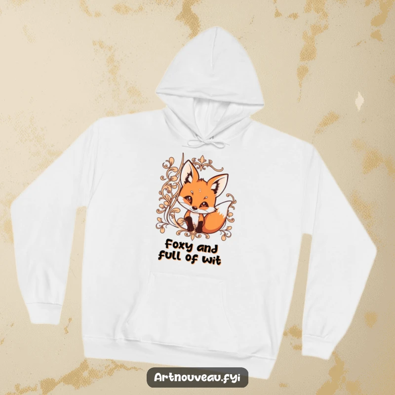 Funny hoodie showcasing a curious fox peeking from behind ornate, flowing lines, designed for cozy wear.