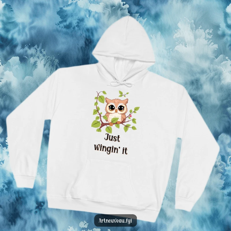 Funny cute owl hoodie, with large curious eyes peeking from behind a vine, a warm and humorous gift.