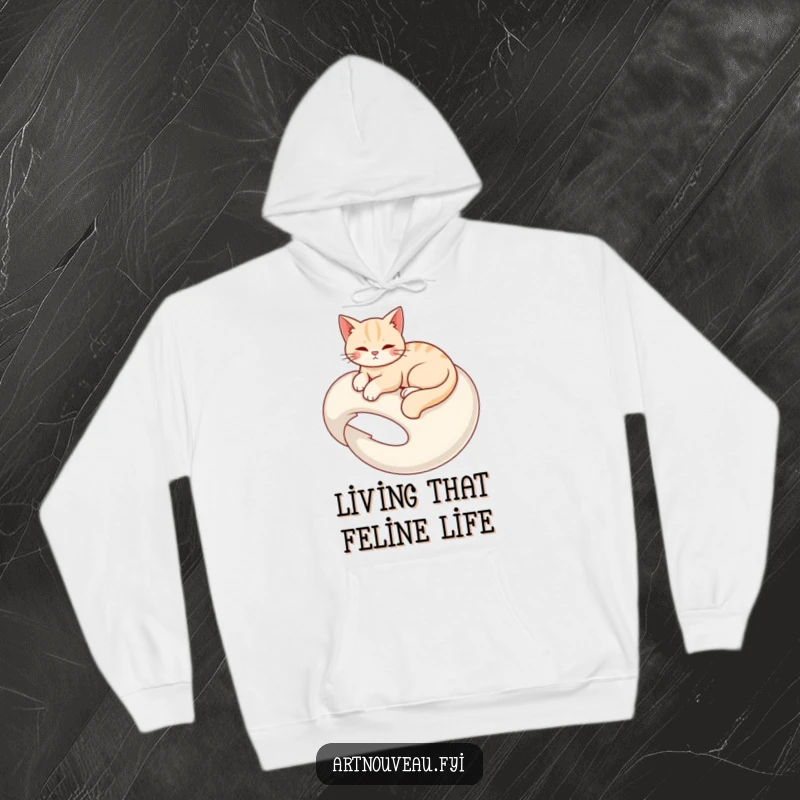 Funny hoodie featuring a graceful cat elegantly lounging on a swirling organic form, perfect for cozy days.