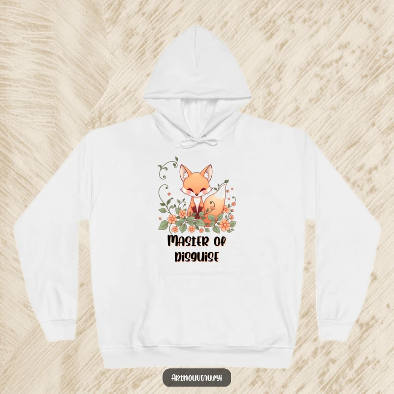 Funny Hoodie: Whimsical fox with elegant flowing lines peeking from ornate art nouveau vines, a warm and artistic design.