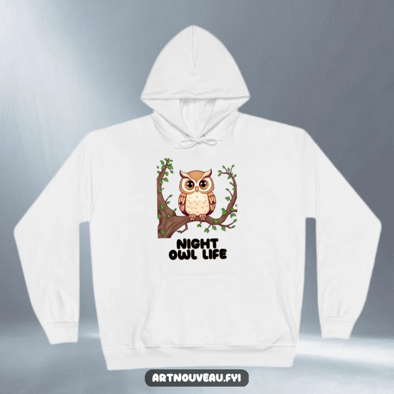 Funny Majestic Owl Hoodie: A comfortable hoodie showcasing a majestic owl with big, expressive eyes on an intricate branch.