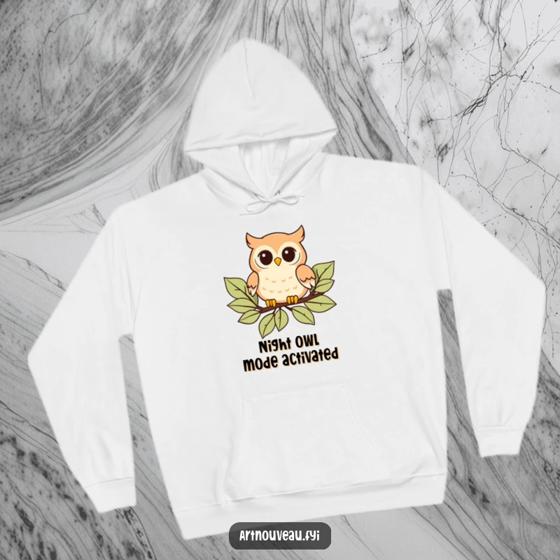 Funny Hoodie: Playful owl with curved details floating gracefully on stylized leaves, a cozy and artistic sweatshirt.