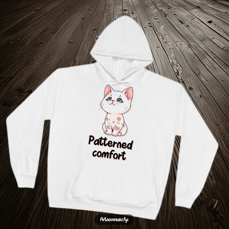 Funny cat hoodie, stylized feline with floral patterns, gazing upwards, soft and warm, ideal funny gift for homebodies.