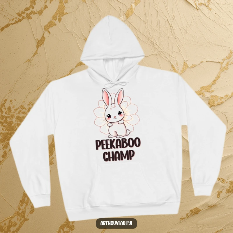 Funny Rabbit Bloom Hoodie with a cute rabbit, swirling body patterns, peeking from behind a decorative bloom, comfortable and adorable.