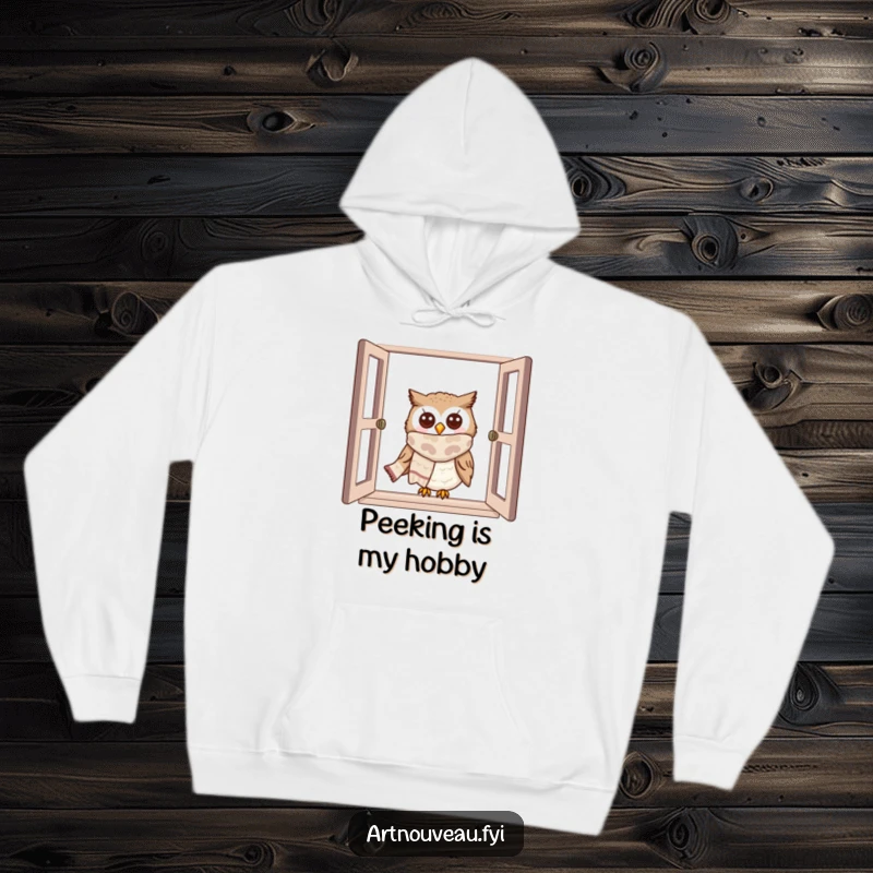 Funny owl hoodie featuring a cute owl in a flowing scarf, peeking from a window, offering warmth and charm.
