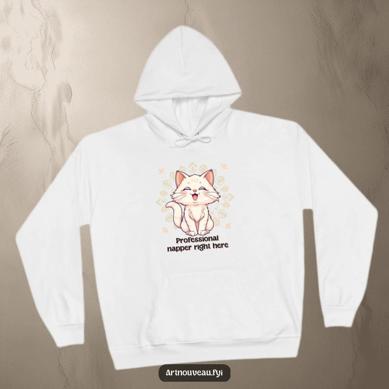 Funny Hoodie: Delighted cat with flowing fur against a decorative art nouveau pattern, a warm and stylish sweatshirt.