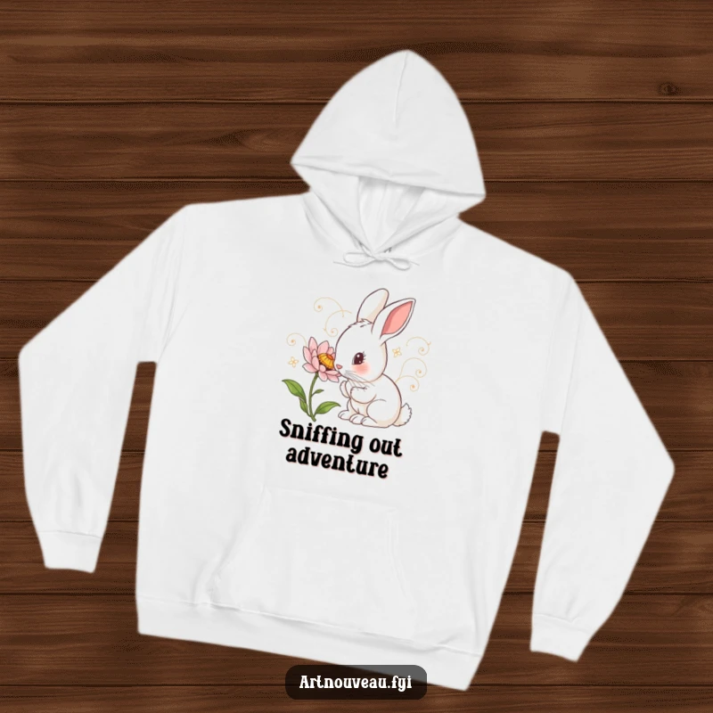 Funny Hoodie: Curious rabbit with art nouveau swirls inspecting a detailed flower, a warm and artistic sweatshirt.