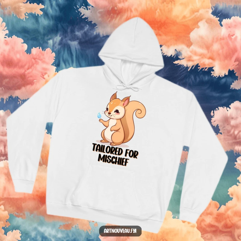 Funny squirrel hoodie with an elegant swirling tail pointing at a dewdrop, offering warmth and whimsical charm for outdoor adventures or relaxation.